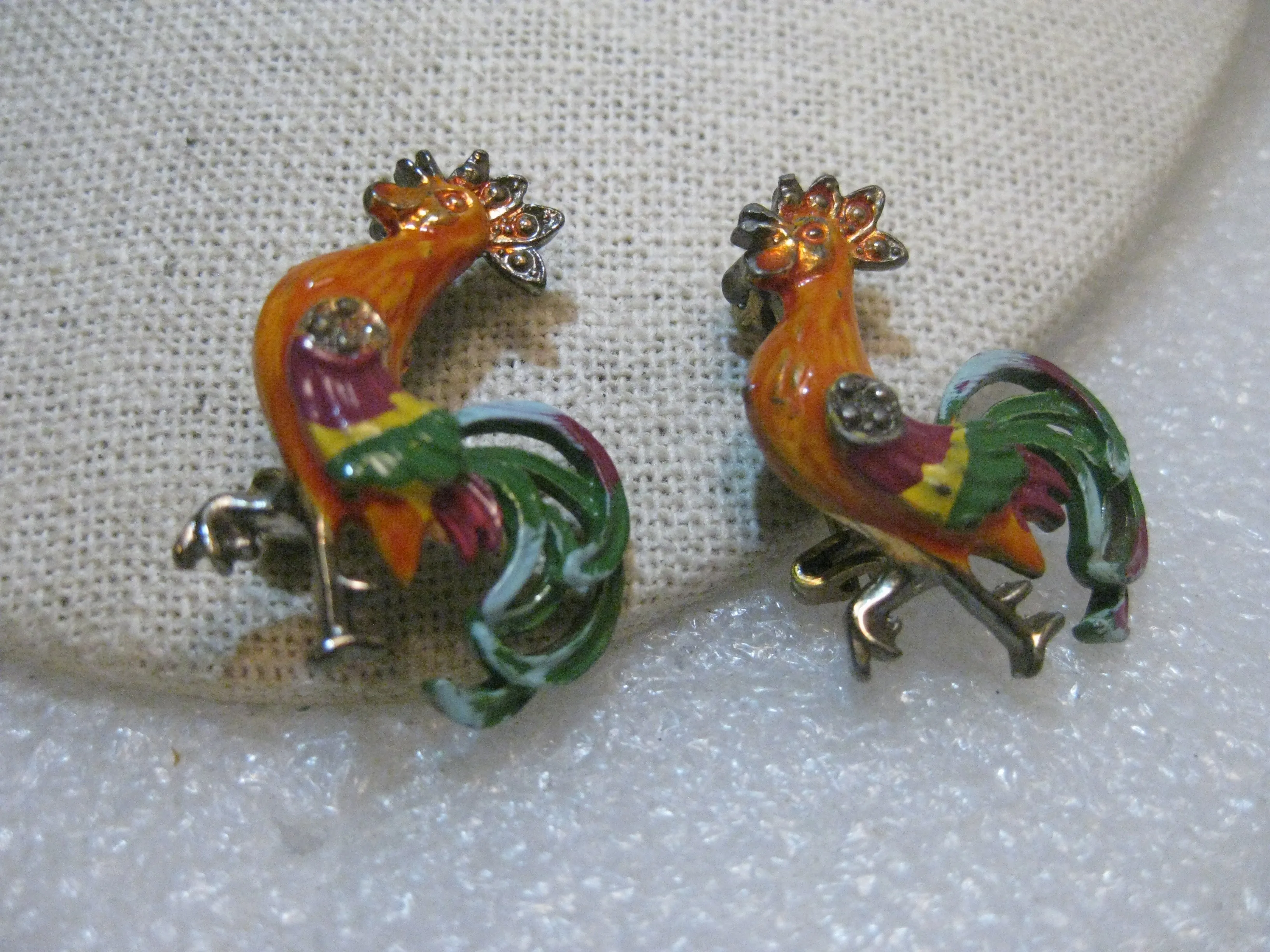 Vintage Pair Enameled Rooster Brooches, 1950's, 1.25"