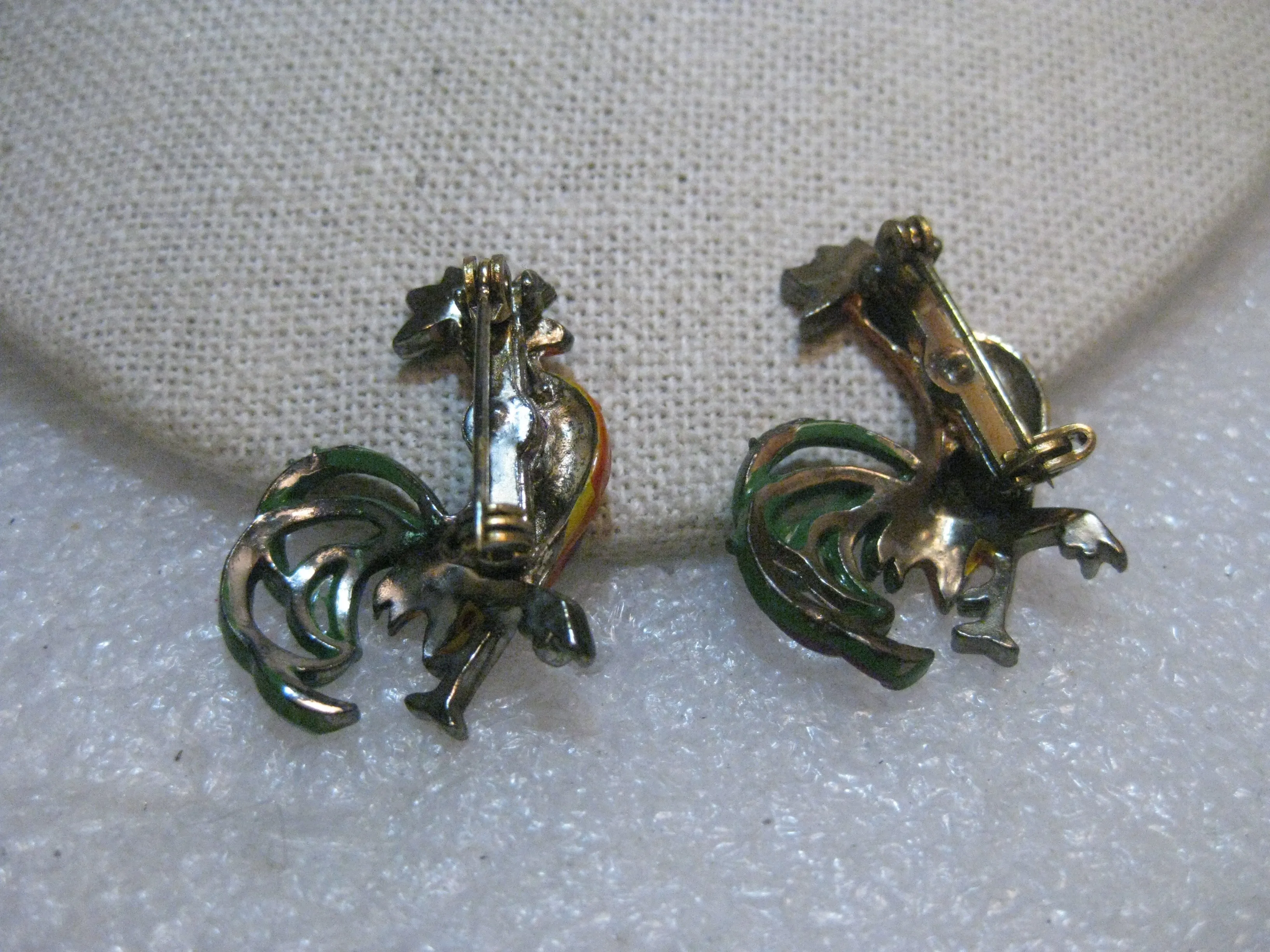 Vintage Pair Enameled Rooster Brooches, 1950's, 1.25"