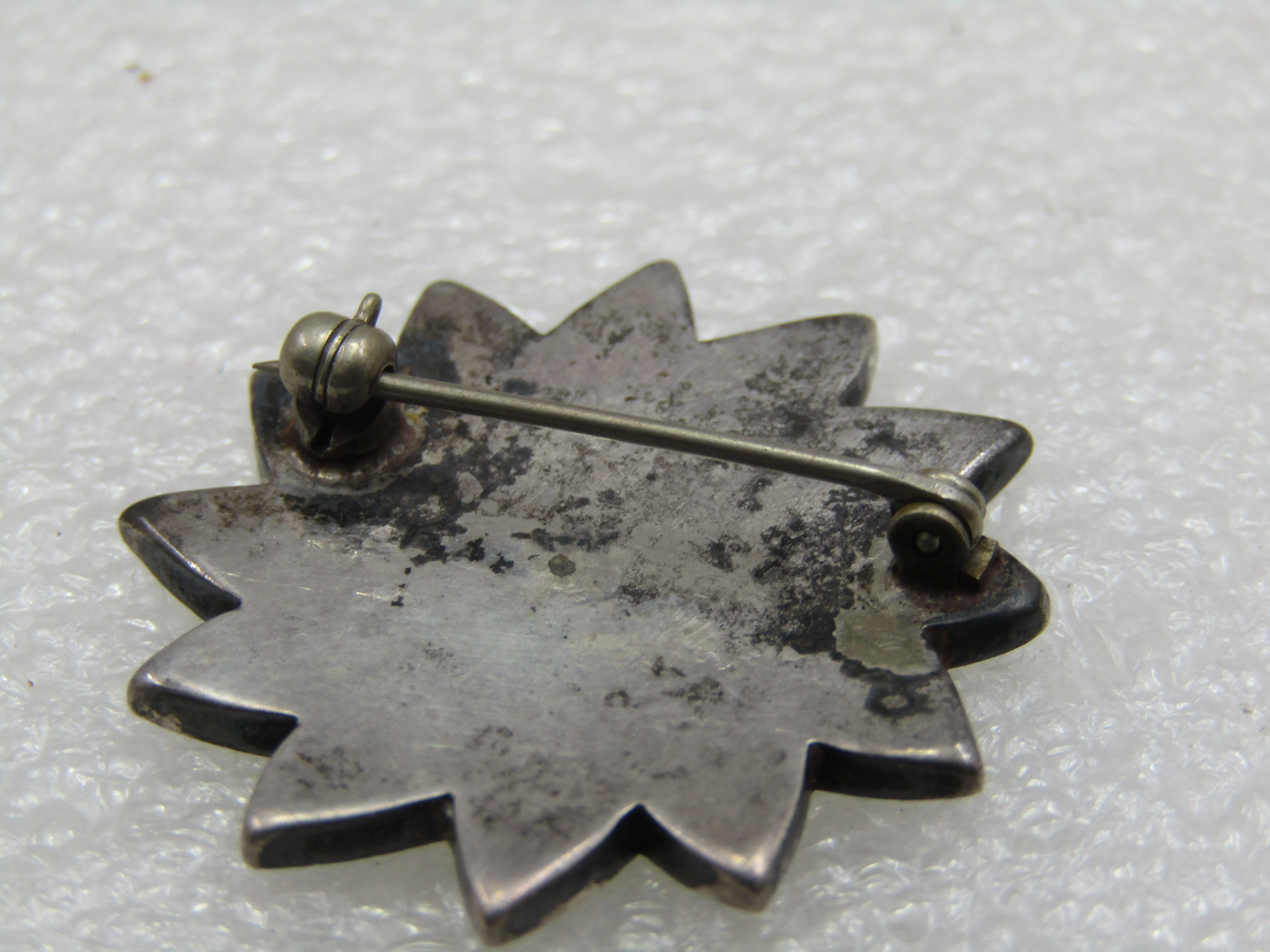 Vintage Southwestern Sterling Turquoise Brooch, Inlaid Blossom, 1.25"