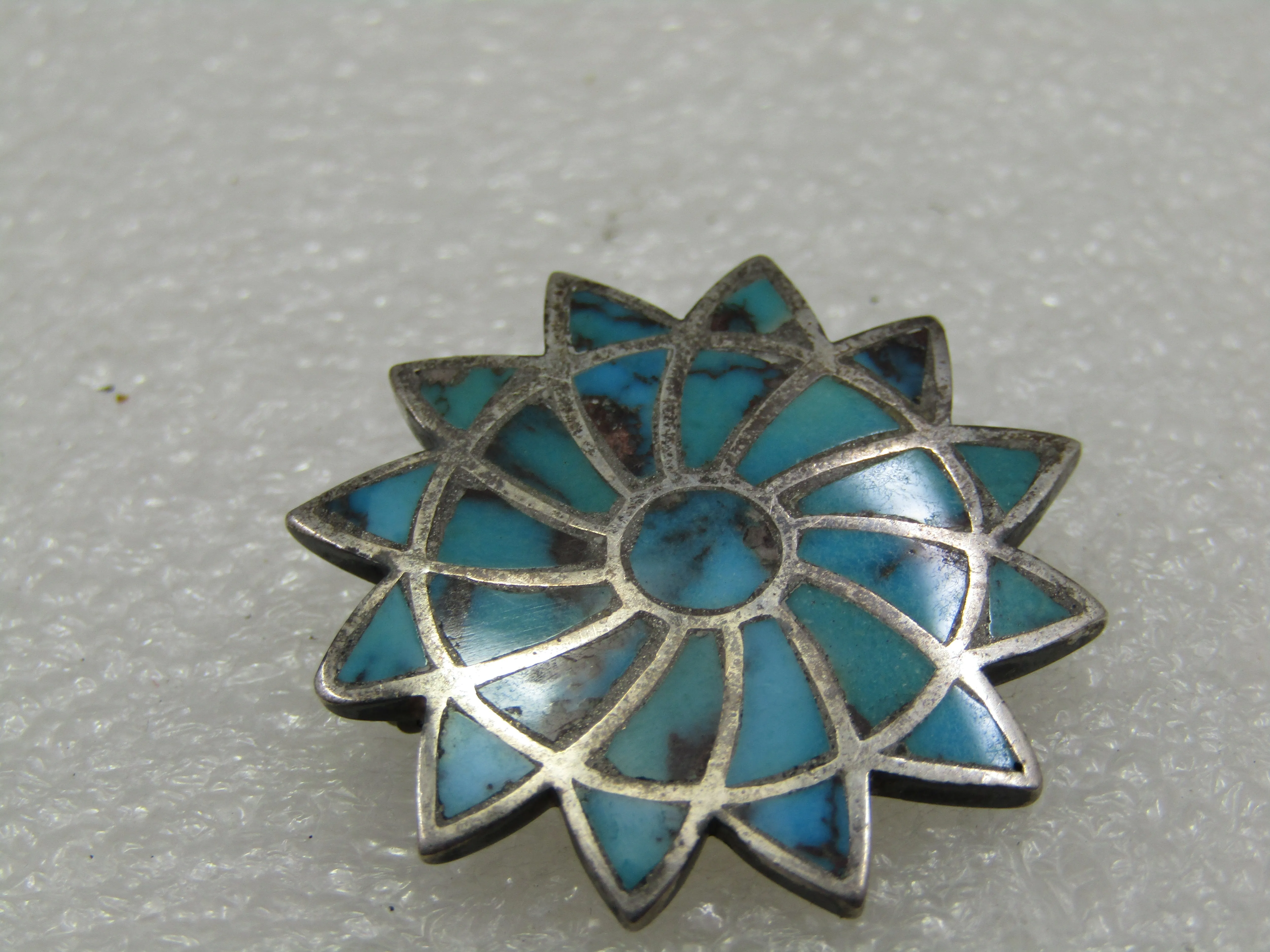 Vintage Southwestern Sterling Turquoise Brooch, Inlaid Blossom, 1.25"