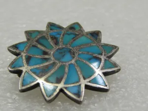Vintage Southwestern Sterling Turquoise Brooch, Inlaid Blossom, 1.25"