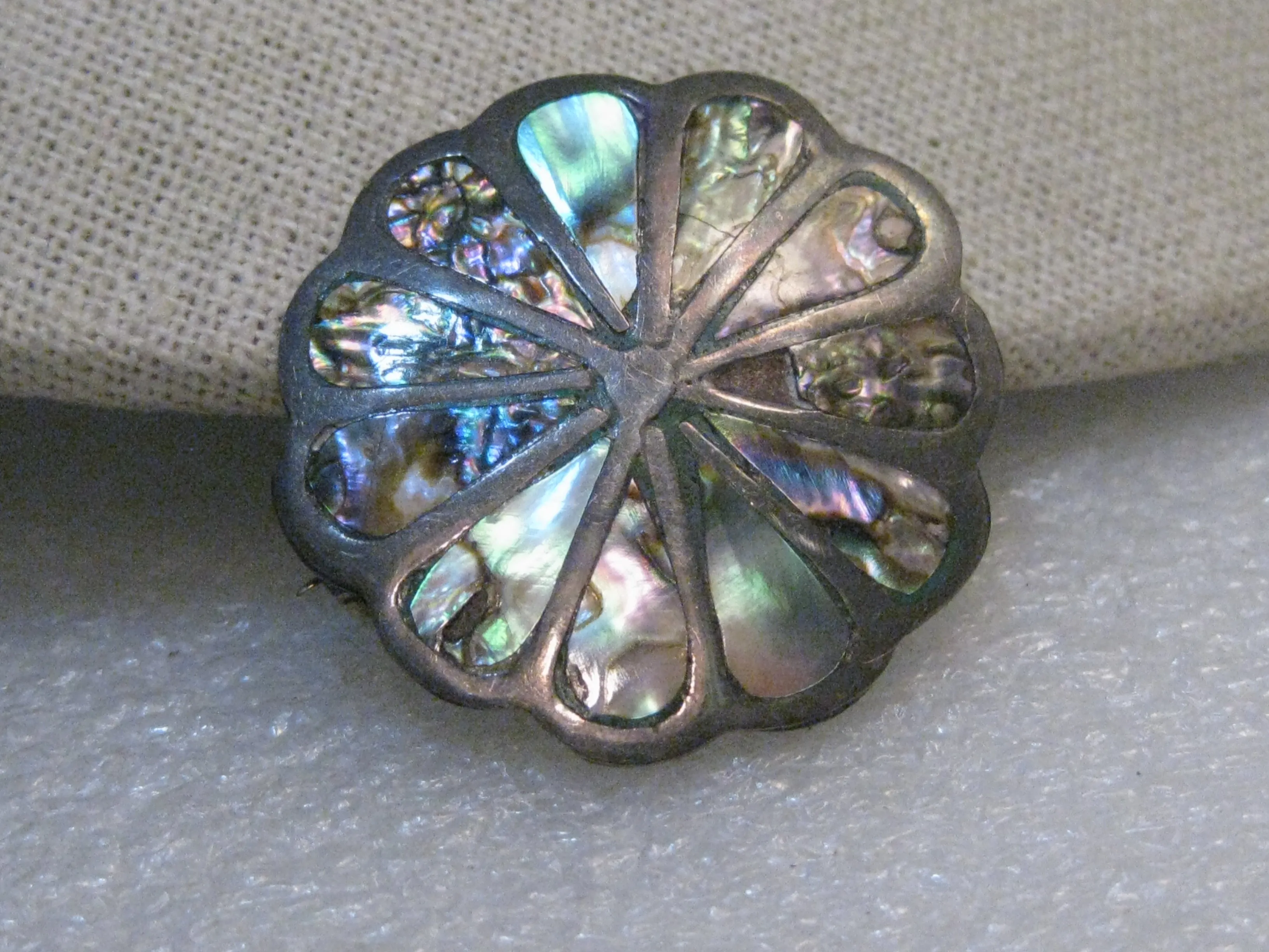 Vintage Sterling Inlaid Abalone Brooch Pendant, Mexico, 1960's-1970's, 5.23gr., 1.5"