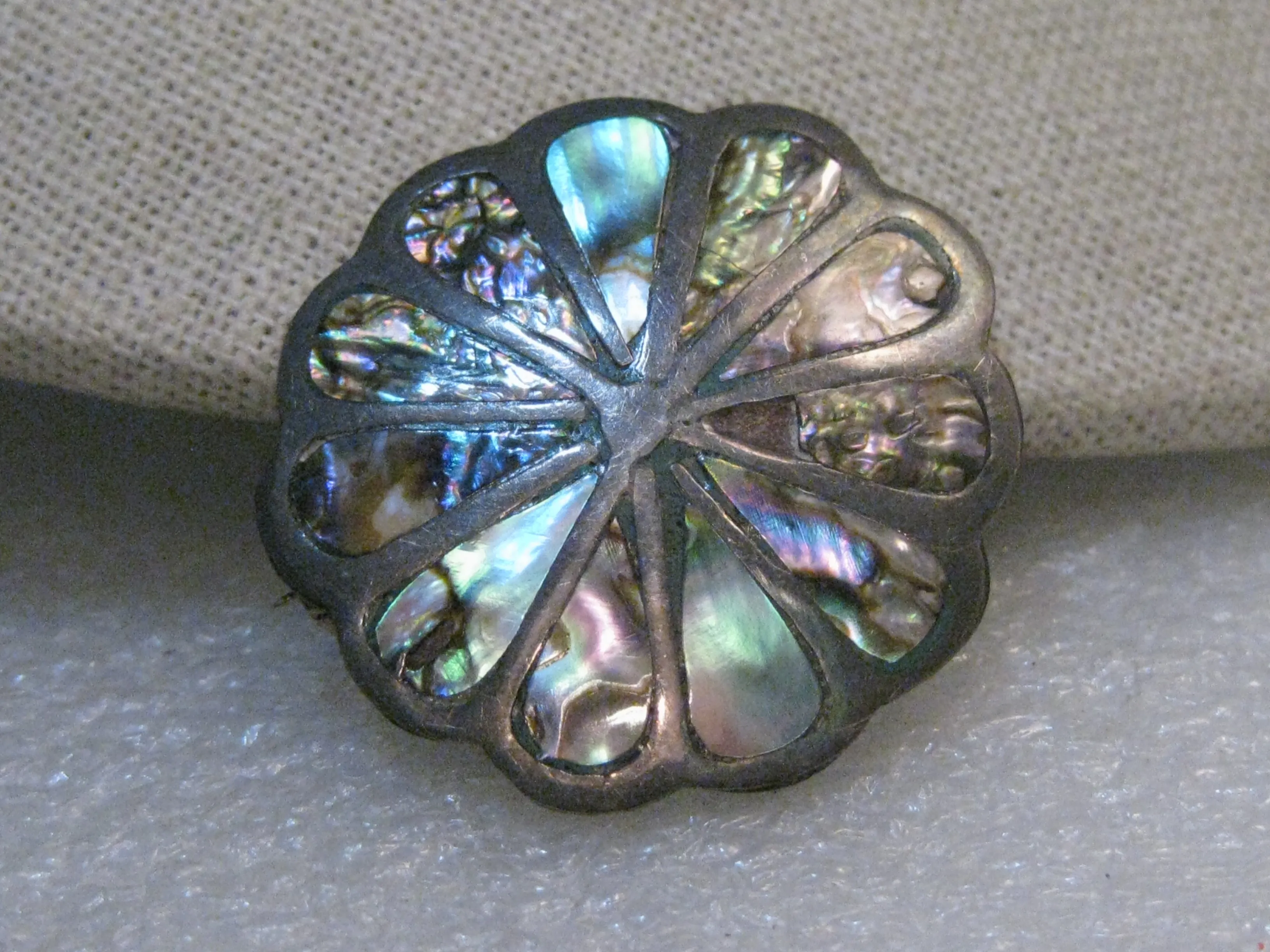 Vintage Sterling Inlaid Abalone Brooch Pendant, Mexico, 1960's-1970's, 5.23gr., 1.5"
