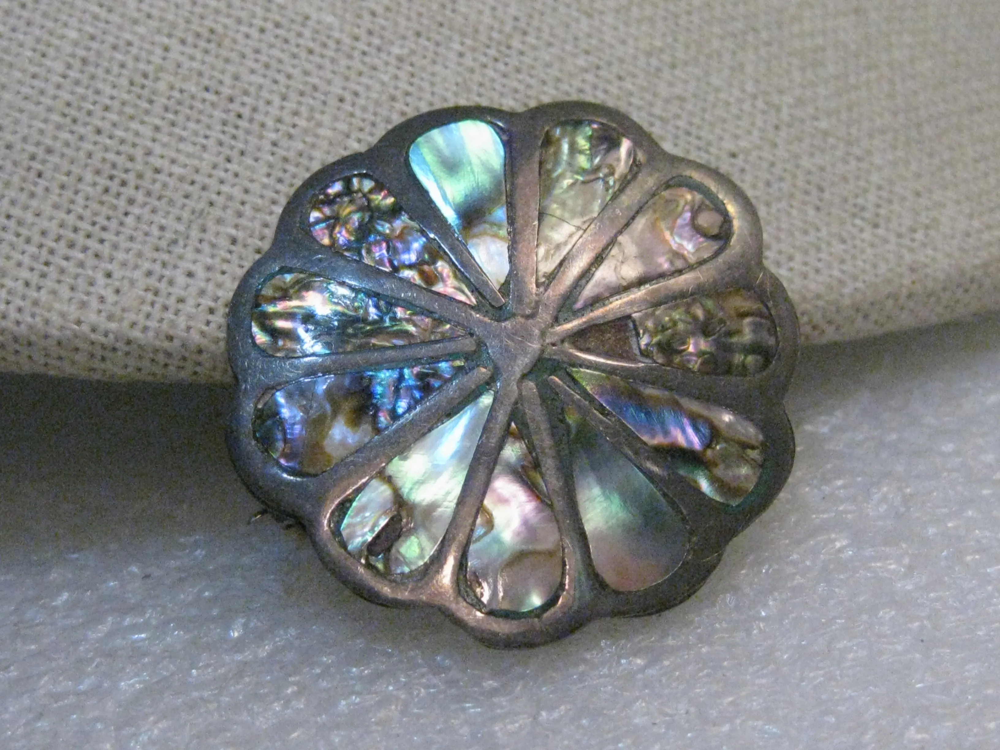 Vintage Sterling Inlaid Abalone Brooch Pendant, Mexico, 1960's-1970's, 5.23gr., 1.5"