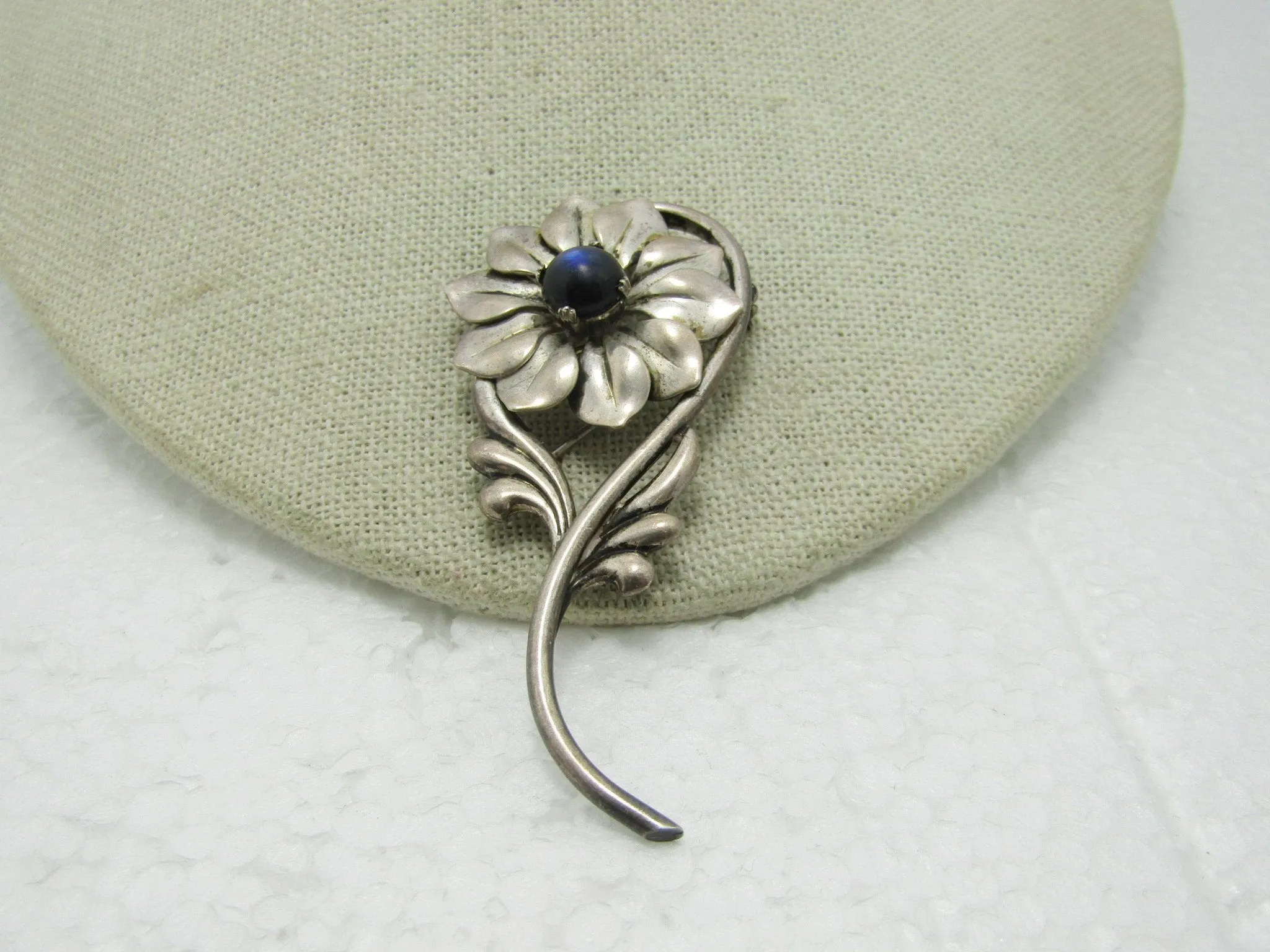 Vintage Sterling Kreisler Floral Brooch, Blue Opally Stone, 2.75", 13.05 gr., 1930's-1940's