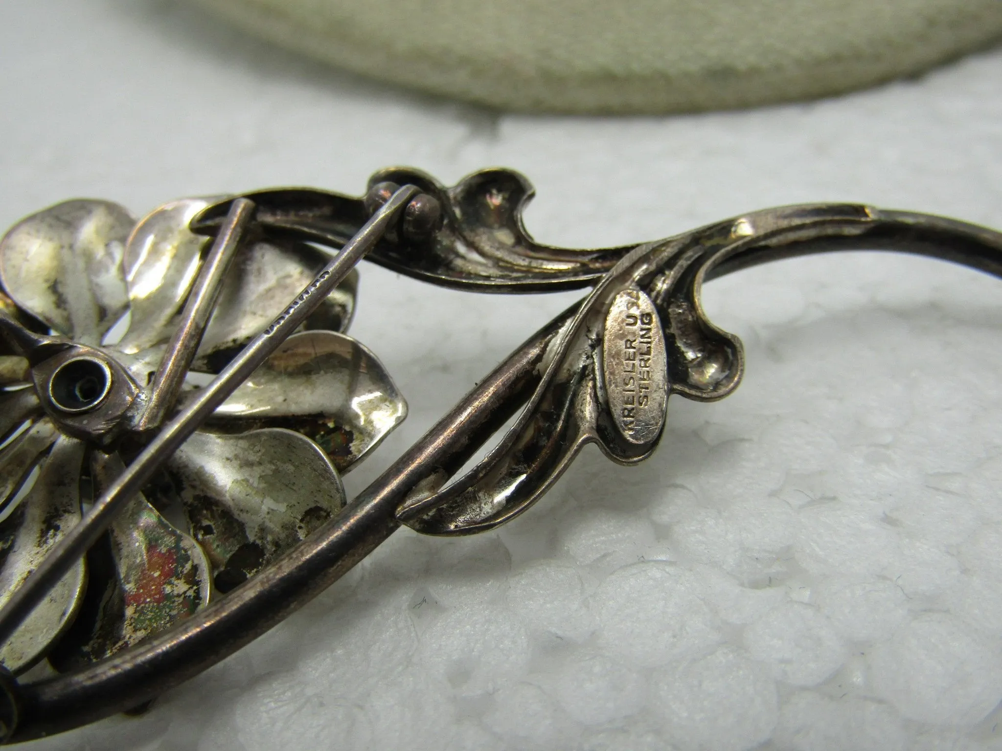 Vintage Sterling Kreisler Floral Brooch, Blue Opally Stone, 2.75", 13.05 gr., 1930's-1940's