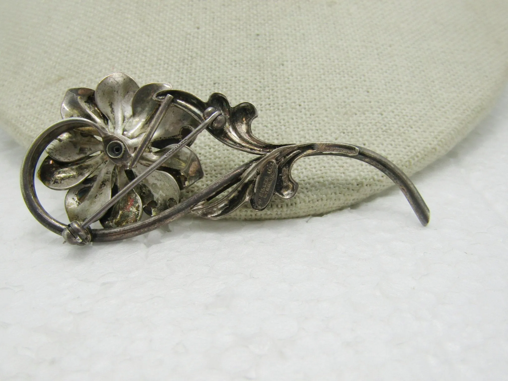 Vintage Sterling Kreisler Floral Brooch, Blue Opally Stone, 2.75", 13.05 gr., 1930's-1940's