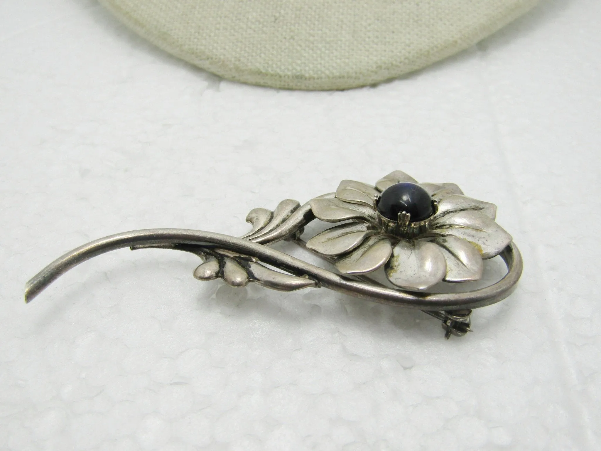Vintage Sterling Kreisler Floral Brooch, Blue Opally Stone, 2.75", 13.05 gr., 1930's-1940's